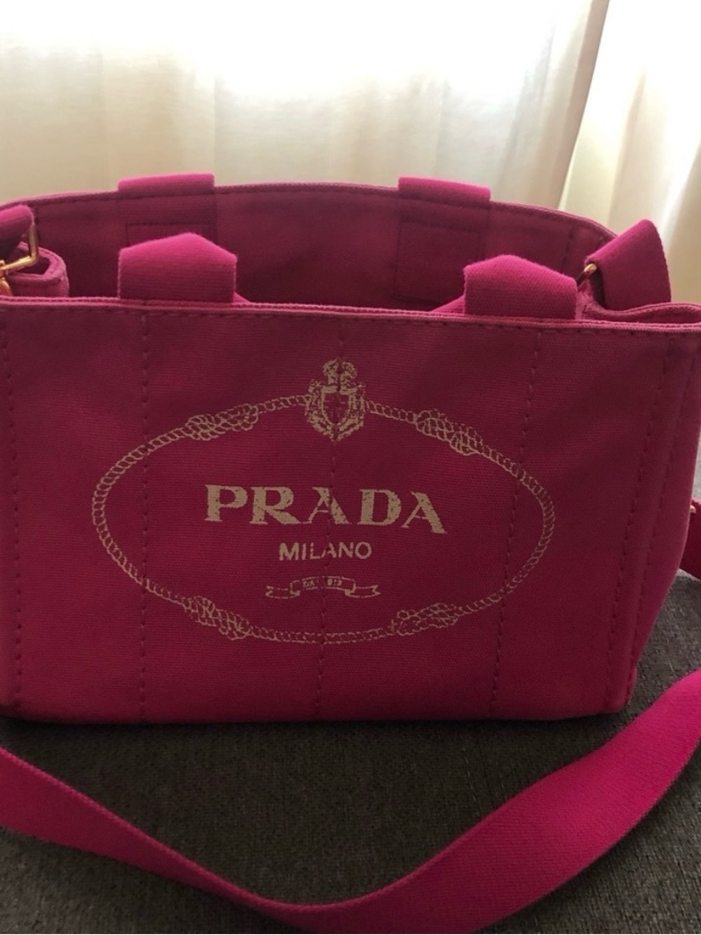 Prada Hot red Canvas Tote with Gold Logo